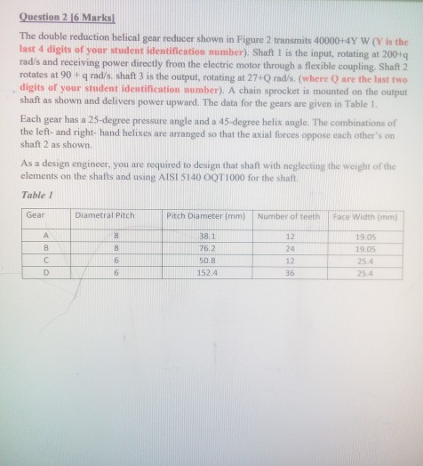 Question 2 16 Marks The double reduction helical gear reducer shown in Figure 2 transmits 40000+4Y W (Y is the last 4 digits of your student identification number). Shaft I is the input, rotating at 200+q rads and receiving power directly from the electric motor through a flexible coupling. Shaft 2 rotates at 90 +q rad/s. shaft 3 is the output, rotating at 27+Q rads. (where Q are the last two , digits of your student identification number). A chain sprocket is mounted on the output shaft as shown and delivers power upward. The data for the gears are given in Table 1 Each gear has a 25-degree pressure angle and a 45-degree helix angle. The combinations of the left- and right- hand helixes are arranged so that the axial forces oppose each others on shaft 2 as shown. As a design engineer, you are required to design that shaft with neglecting the weight of the elements on the shafts and using AISI 5140 OOT1000 for the shaft Table I Gear Diametral PitchPitch Diameter (mm) Number of teeth Face Width (mm 38.1 76.2 50.8 12 24 12 19.05 19.05 25.4 25.4 6152.4 36