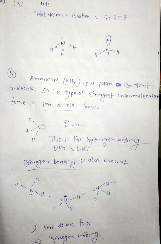 Tokl valence eleen 513 8 肝, Ammonia (NH3) is a polar Cov en)- tef Sergsst inlewmalecsuiom molecule So Jorce is ion- diole arces St r his is the hy rogem bnbj also Presem 3 N ナ Ion-di pole fora