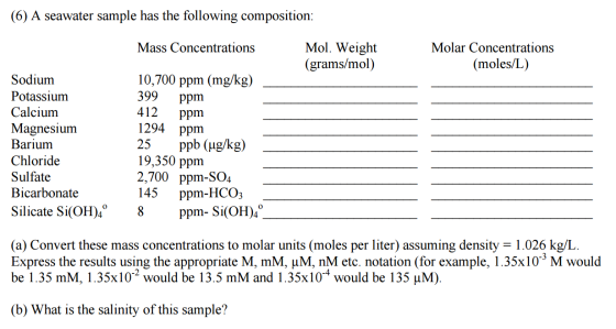 Image for (6) A seawater sample has the following composition: Mass Concentrations Mol. Weight Molar Concentrations (a)