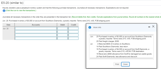 E5-20 (similar to) Haynes Jewelers uses a perpetual inventory system and had the following purchase transactions. Journalize