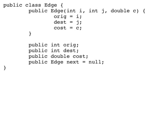 public class Edge { public Edge(int i, int j, double c) orig-i; dest-ji cost Ci public int orig; public int dest; public double cost; public Edge next - null;