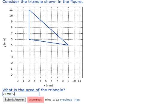 Consider the triangle shown in the figure. y (mm) 0 1 2 3 4 5 6 7 8 9 10 11 x (mm) What is the area of the triangle? 21 mm 21