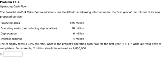 Problem 13-2 Operating Cash Flow The financial staff of Cairn Communications has identified the following information for the