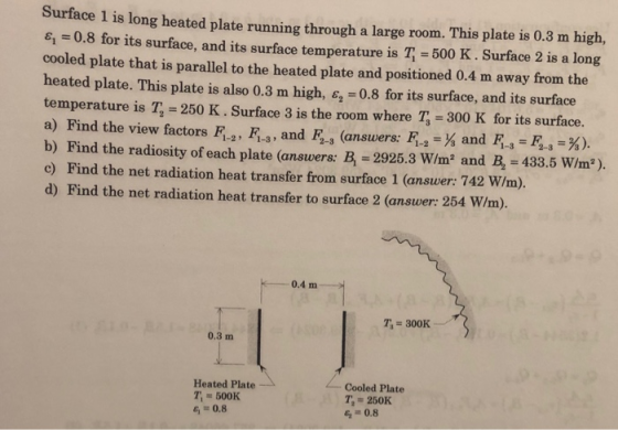 Surface 1 is long heated plate running through a large room. This plate is 0.3 m high, &q=0.8 for its surface, and its surfac