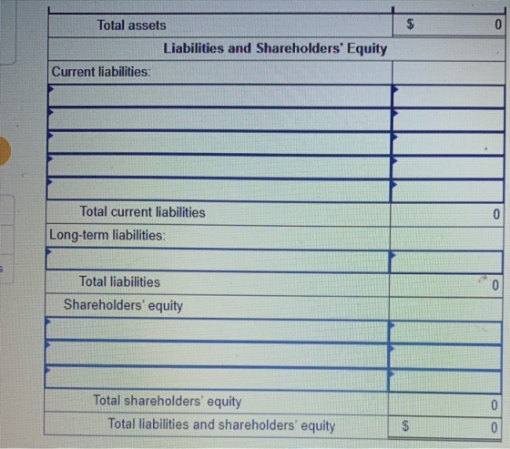 $ 0 Total assets Liabilities and Shareholders Equity Current liabilities: 0 Total current liabilities Long-term liabilities: