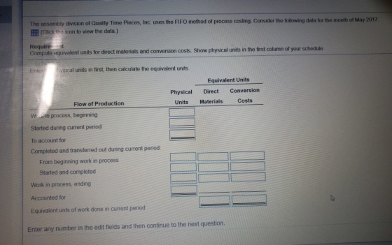 The assembly division of Quality Time Pieces, Inc. uses the FIFO method of process costing. Consider the following data for t