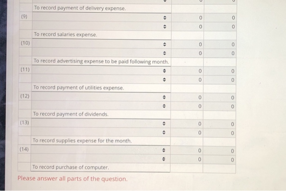 To record payment of delivery expense. To record salaries expense. (10) To record advertising expense to be paid following mo