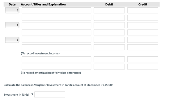 Date Account Titles and Explanation Debit Credit (To record investment income) (To record amortization of fair value differen