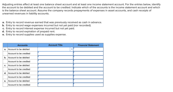 Adjusting entries affect at least one balance sheet account and at least one income statement account. For the entries below,