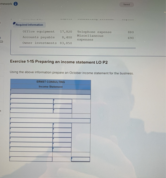 mework Saved 880 Required information office equipment 17,820 Accounts payable 8,400 Owner investments 83, 850 Telephone expe
