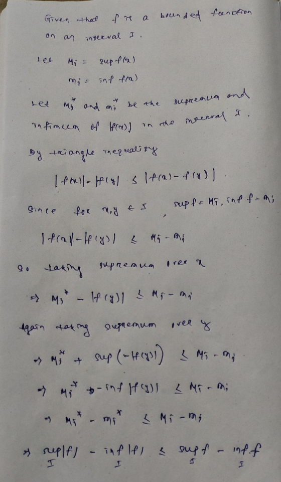 Gives that bounded function f it a interval I. on an let My = sup f(x) mi int fra) My and it be the reprenus and inferral of