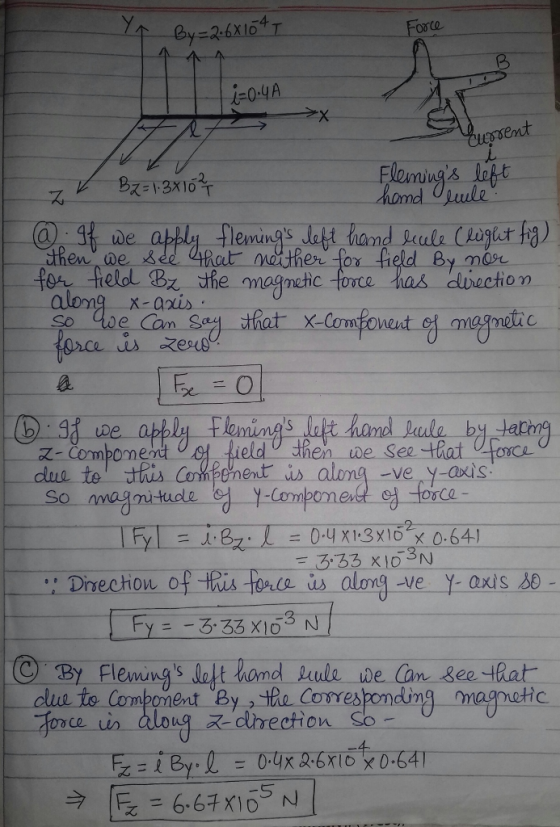 By-24x104 T 0 A Flemngs lept 2. emun and lut therfor field By mor along x-aoi meuc er나 엄ptieldO.the 2 Compome So : Direchou of fis fore us alng -ve y axis 50 ry 3:33 X163 N By Flemings Jolt hond ule e Can Bee that 今E=6.CT x1o5N