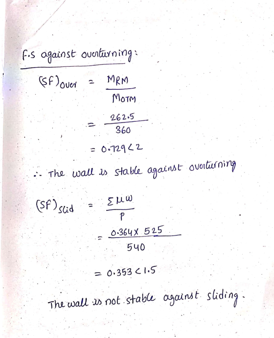 Fos against overturning: (Sf) over a. MRM Мотм . 262.5 ..2 36 - 0.72922 The wall is stable against overturning (SF) said - El
