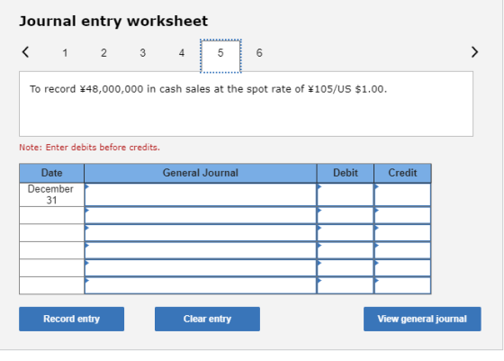 Journal entry worksheet < 1 2 3 4 To record ¥48,000,000 in cash sales at the spot rate of ¥105/US $1.00. Note: Enter debits b