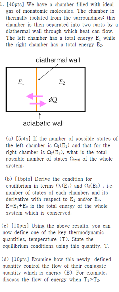 1. [40pts] We have a chamber filled with ideal gas of monatomic molecules. The chamber is thermally isolated from the surroundings: this chamber is then separated into two parts by a diathermal wall through which heat can flow The left chamber has a total energy E1 while the right chamber has a total energy Ez diathermal wall E1 E2 adiabatic wall (a) [5pts] If the number of possible states of the left chamber is Ω1(E1) and that for the right chamber is Ω2(E2), what is the total possible number of states Qotal of the whole system (b) [15pts] Derive the condition for equilibrium in terms Ω1(E1) and Ω2(E2) , i.e. number of states of each chamber, and its derivative with respect to E1 and/or E E E1tE2 is the total energy of the whole system which is conserved (c) [10pts] Using the above results, you can now define one of the key thermodynamic quantities, temperature (T). State the equilibrium conditions using this quantity, T. (d) [10pts] Examine how this newly-defined quantity control the flow of their conjugate quantity which is energy (E). For example, discuss the flow of energy when Ti>T2