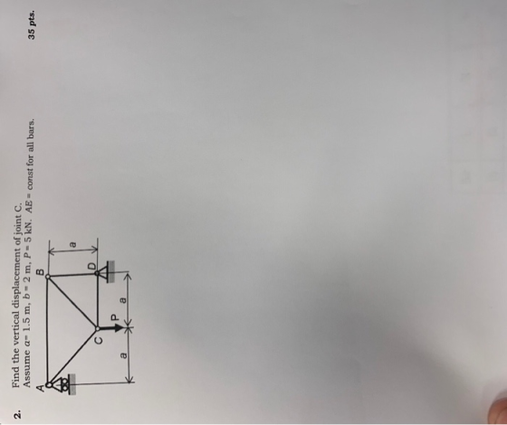 2. Find the vertical displacement of joint C. Assume a- 1.5 m, b= 2 m, P= 5 kN. AE = const for all bars. 35 pts.