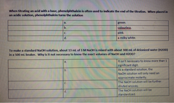 When titrating an acid with a base, phenolphthalein is often used to indicate the end of the titration. When placed in an aci