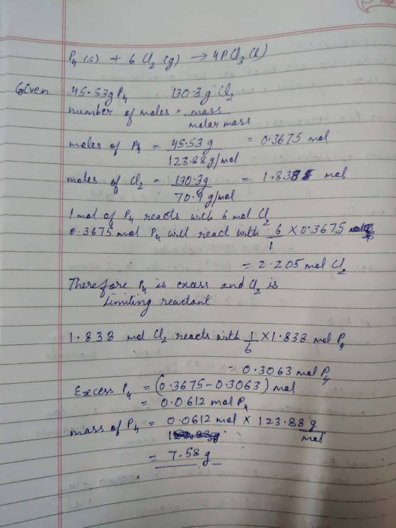 q (s) et 6 Q (g) → UP C₂ (d) 45.53gly 303 g ler. Colven number of moles molar mars moles of Ph = 45.539 = 0.36 75 mol - 123.8