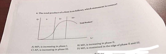 ra firm is as follows, which statement is correct? Oe T1 Tetal Preduct A) MP, is increasing in phase I B) MP, is increasing in phase II. ceasig in phase II1. D) MP is maximized in the edge of phase II and II1.