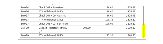 Sep-24 Sep-26 Sep-27 Sep-27 Sep-27 Sep-28 Check 303 - Bookstore ATM withdrawal 94504 Check 304 - Dry cleaning ATM withdrawal