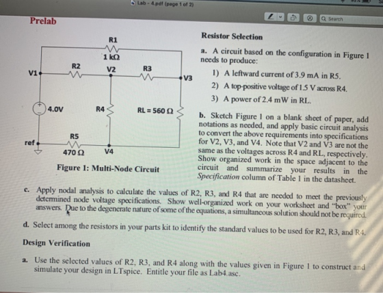 Lab - 4.pdf (page 1 of 2) @ Search R2 Prelab Resistor Selection R1 w a. A circuit based on the configuration in Figure 1 1 ΚΩ