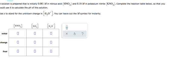 solution is prepared that is initially 0.081 M in nitrous acid (HNO,) and 0.18 M in potassium nitrite (KNO,). Complete the re