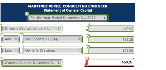 MARTINEZ PEREZ, CONSULTING ENGINEER Statement of Owners Capital For the Year Ended December 31, 2017 Onwers Capital, January 1 AddNet Income/ (Loss) Less Owners Drawings 52442 63126 17100 Owners Capital, December 31 46026