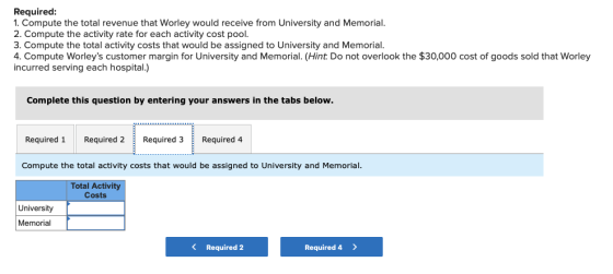 Required: 1. Compute the total revenue that Worley would receive from University and Memorial. 2. Compute the activity rate f