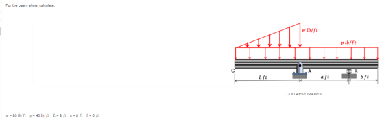 For the beam show, calculate: w lb/ft p lb/ft L ft aft bft COLLAPSE IMAGES w = 80 lb/ft p = 40 lb/ft L = 8 ft a = 8 ft b= 6 f