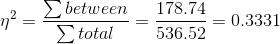 \eta ^2=\frac{\sum between}{\sum total}=\frac{178.74}{536.52}=0.3331