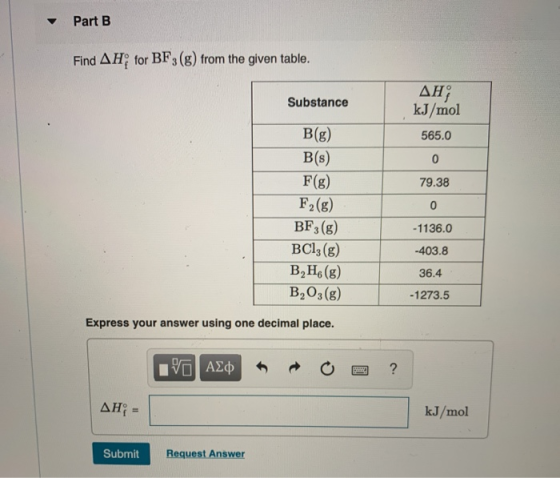 Part B Find AH; for BF3 (g) from the given table. Substance AH kJ/mol 565.0 o 79.38 B(g) B(s) F(g) F2(g) BF3(8) BC1: (g) B,H6