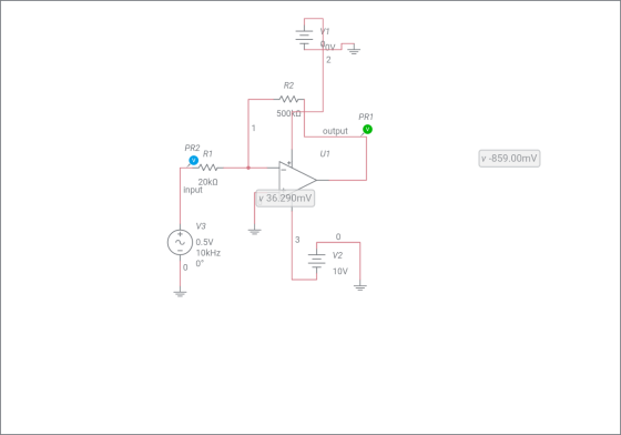 V1 I Pov 2 R2 500ko PR1 1 output PR2 R1 U1 V -859.00mV 20ko input v 36.290mV V3 0 0.5V 10kHz 0° V2 0 10V