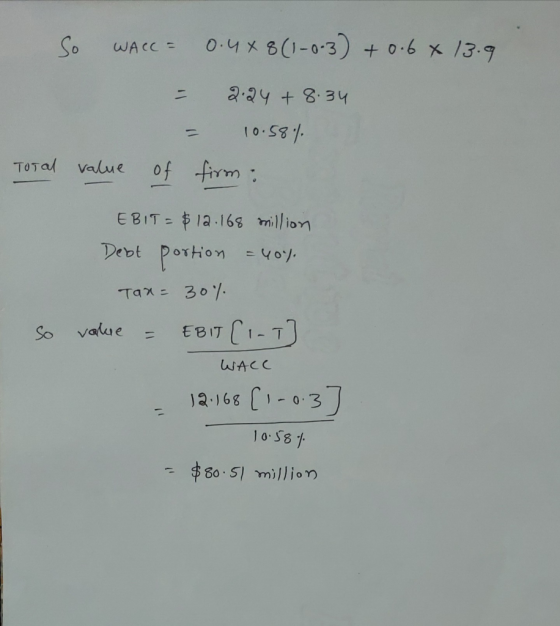 So WACC = 0.468 (1-0.3 +0.6 x 13.9. = 2.24 + 8:34 = 10.58% firm: Total value of EBIT = $12.168 million Debt portion = you Tax