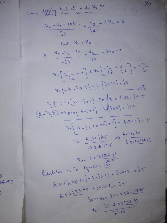 Apply ked at node U₂ : ₂ -V, - tole 12 - 400 = 0 34 - 82 But Novo Ww-volov - AVO -82 . . . . . . vo (-4-30.5) + V2 (30.25] =1