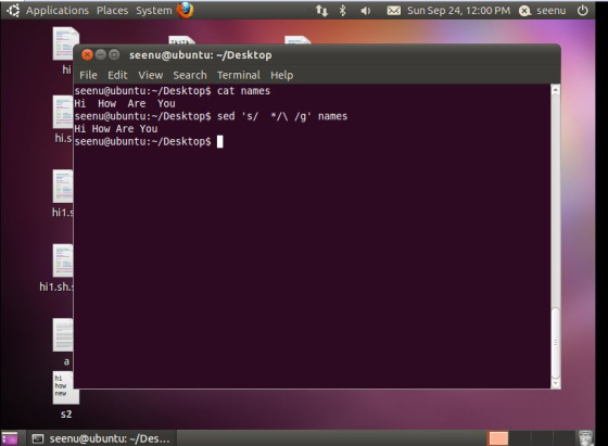 Applications Places System 8-1) Sun Sep 24, 12:00 PM aseenu d) seenu@ubuntu:-/Desktop ni File Edit View Search Terminal Help