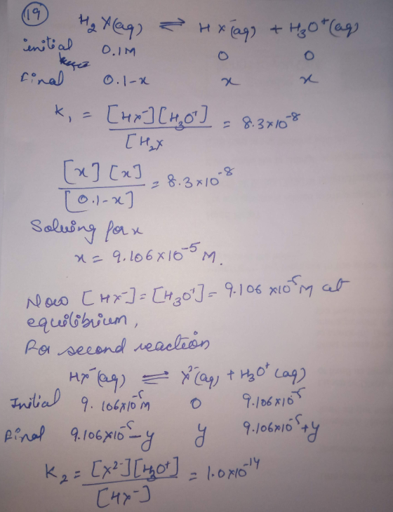Ha Xlag - HX (aq) + H₂O + (aq. هم شانس 0 . 1M 2 final 0.1-0 k, = [tex] [Hot] = 8.3x108 [a] [x] , 8.3x108 [ 0.1-x ] solving fo