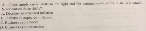 21. If the supply curve shifts to the right and the demand curve shifts to the left which factor causes those shifts? A. Decr