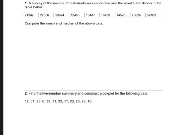 1. A survey of the income of 9 students was conducted and the results are shown in the table below. 21342 22356 28624 12455 1