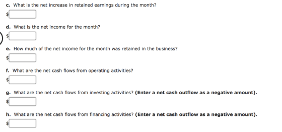c. What is the net increase in retained earnings during the month? d. What is the net income for the month? $ e. How much of