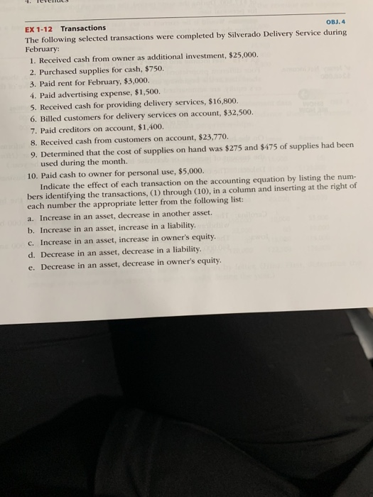 EX 1 12 Transactions OBJ 4 The Following Selected Transactions Were 