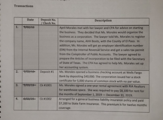 Transactions Date Deposit No. Check No. Description 1. 9/02/19 April Morales met with her lawyer and CPA for advice on starti