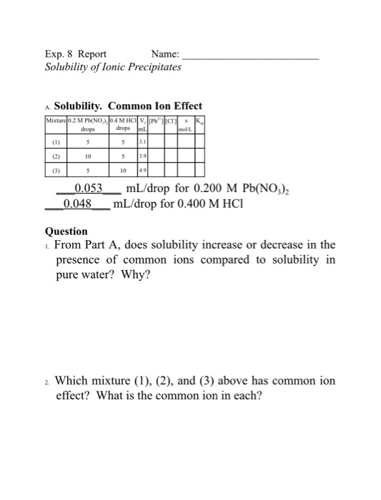 Exp. 8 Report Name: Solubility of Ionic Precipitates drops 1. Solubility. Common Ion Effect Mixtur 0:2 M PONO.0.4 MHCP a drop
