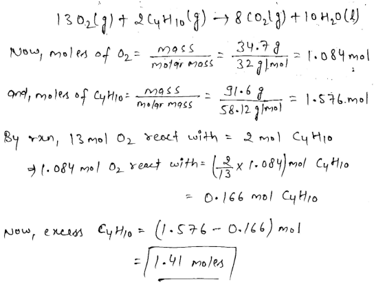 34.79 Now, moled A moss motor mass 130217) + Lly HiOlg) 7800,19) +10440 (8) Now, moles of O2 = - 21.084 mol 3291.mol anot, mo