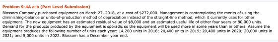 Problem 9-4A a-b (Part Level Submission) Blossom Company purchased equipment on March 27, 2018, at a cost of $272,000. Manage