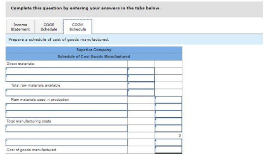 Complete this question by entering your answers in the tabs below. Income Statement COGS Schedule COGM Schedule Prepare a sch