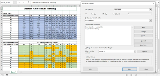 Total_Hubs - X fx Western Airlines Hubs Planning Solver Parameters A Western Airlines Hubs Planning Set Objective: Total_Hubs