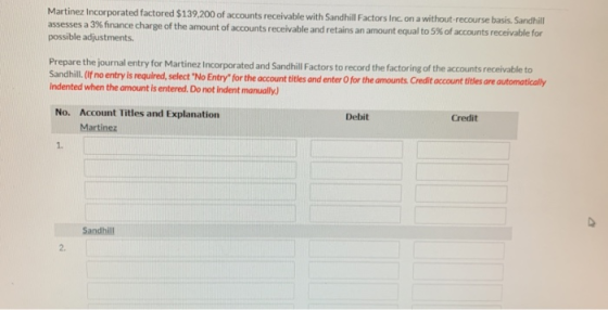 Martinez Incorporated factored $139,200 of accounts receivable with Sandhill Factors Inc, on a without-recourse basis. Sandhi