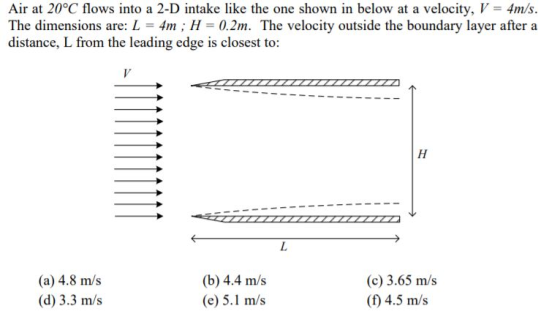 Air at 20°C flows into a 2-D intake like the one shown in below at a velocity, V = 4m/s. The dimensions are: L = 4m; H = 0.2m
