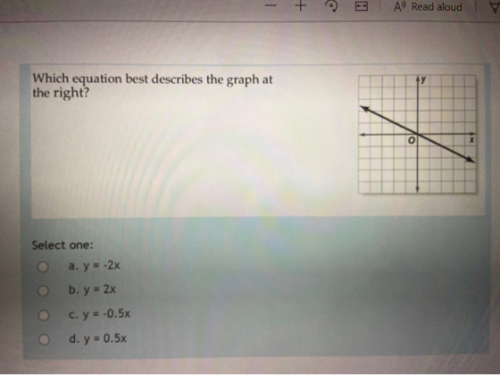 - + C A Read aloud Which equation best describes the graph at the right? o Select one: a. y = -2x b. y = 2x c. y = -0.5x d.