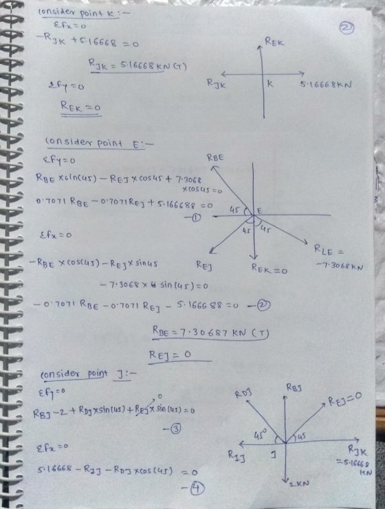 consider point k:- Efx=0 -RJK + 5 16668 =0 KE RJ K = 5.16668 KNCG) Etyo REKTO RJK 5.16668KN RBE Consider point E:- Efy=0 RBEX